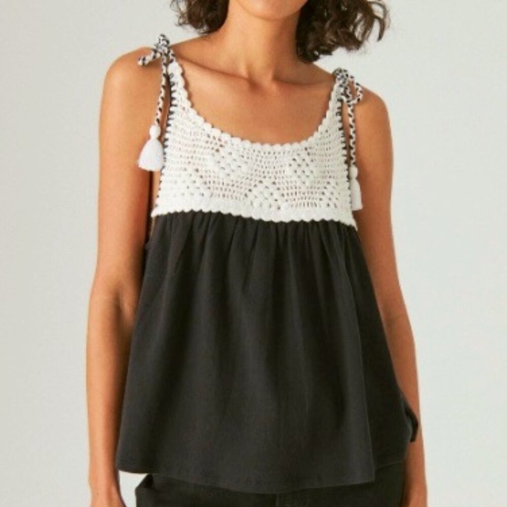 LUCKY BRAND BOHO CROCHET SWING TANK BLACK & WHITE TASSEL TIES SIZE XL NWOT